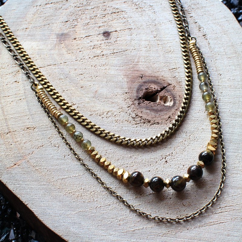 Muse自然风系列NO.99蓝黄色虎眼石闪光石黄铜双链项链 - 项链 - 其他材质 多色