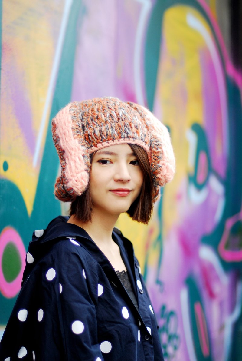 MR.STORE 手工毛线帽子 橙花灰点点小兔帽子 - 帽子 - 其他材质 橘色