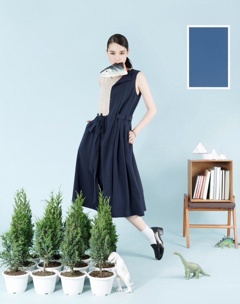 tan-tan / 拼接绑带洋装 - 洋装/连衣裙 - 其他材质 蓝色