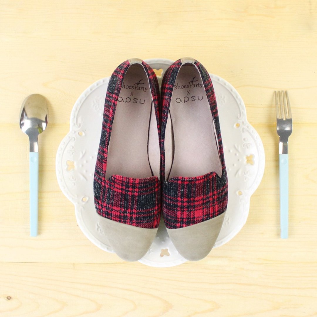 Shoes Party 北欧红格格斜拼接欧贝拉 /手工订制/日本布料/M2-15366F - 芭蕾鞋/娃娃鞋 - 其他材质 