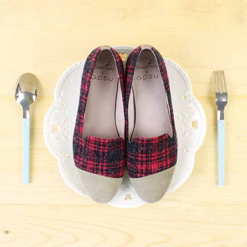 Shoes Party 北欧红格格斜拼接欧贝拉 /手工订制/日本布料/M2-15366F - 芭蕾鞋/娃娃鞋 - 其他材质 