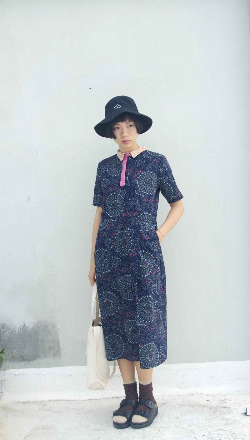 4.5studio-独立手作by FU-烟火灿烂印花日式衬衫式洋装 - 洋装/连衣裙 - 其他材质 蓝色