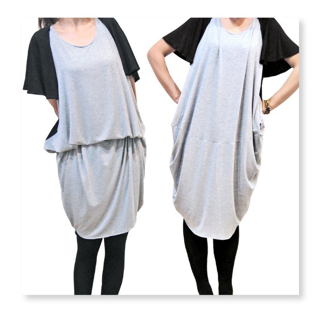 【Dress】 <圆设计_荷叶边连袖长版垂坠洋装●黑x灰●Back to the origin> - 洋装/连衣裙 - 其他材质 