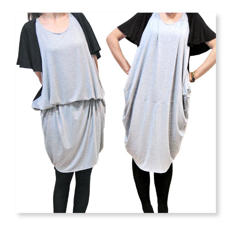 【Dress】 <圆设计_荷叶边连袖长版垂坠洋装●黑x灰●Back to the origin> - 洋装/连衣裙 - 其他材质 