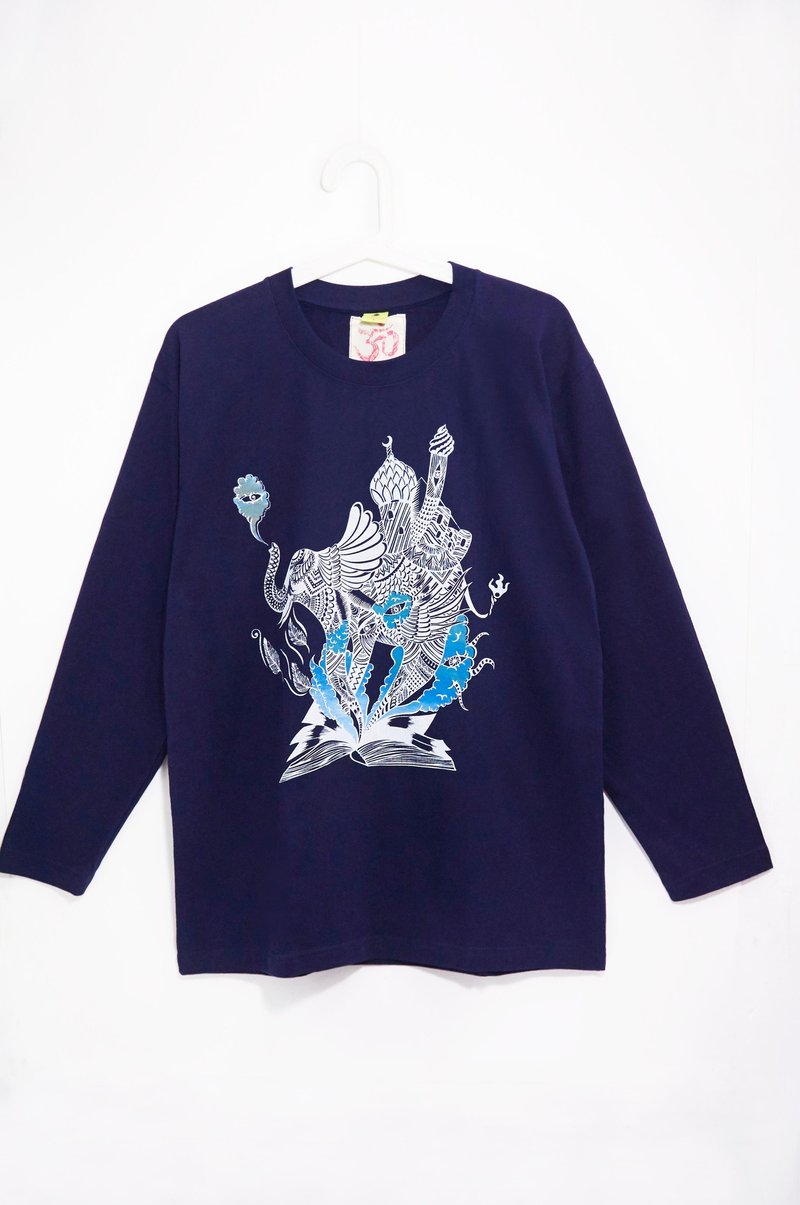 男版手感长袖上衣 / 旅行T-shirt - 印度大象 ( 蓝Ｌ ) - 中性连帽卫衣/T 恤 - 棉．麻 蓝色