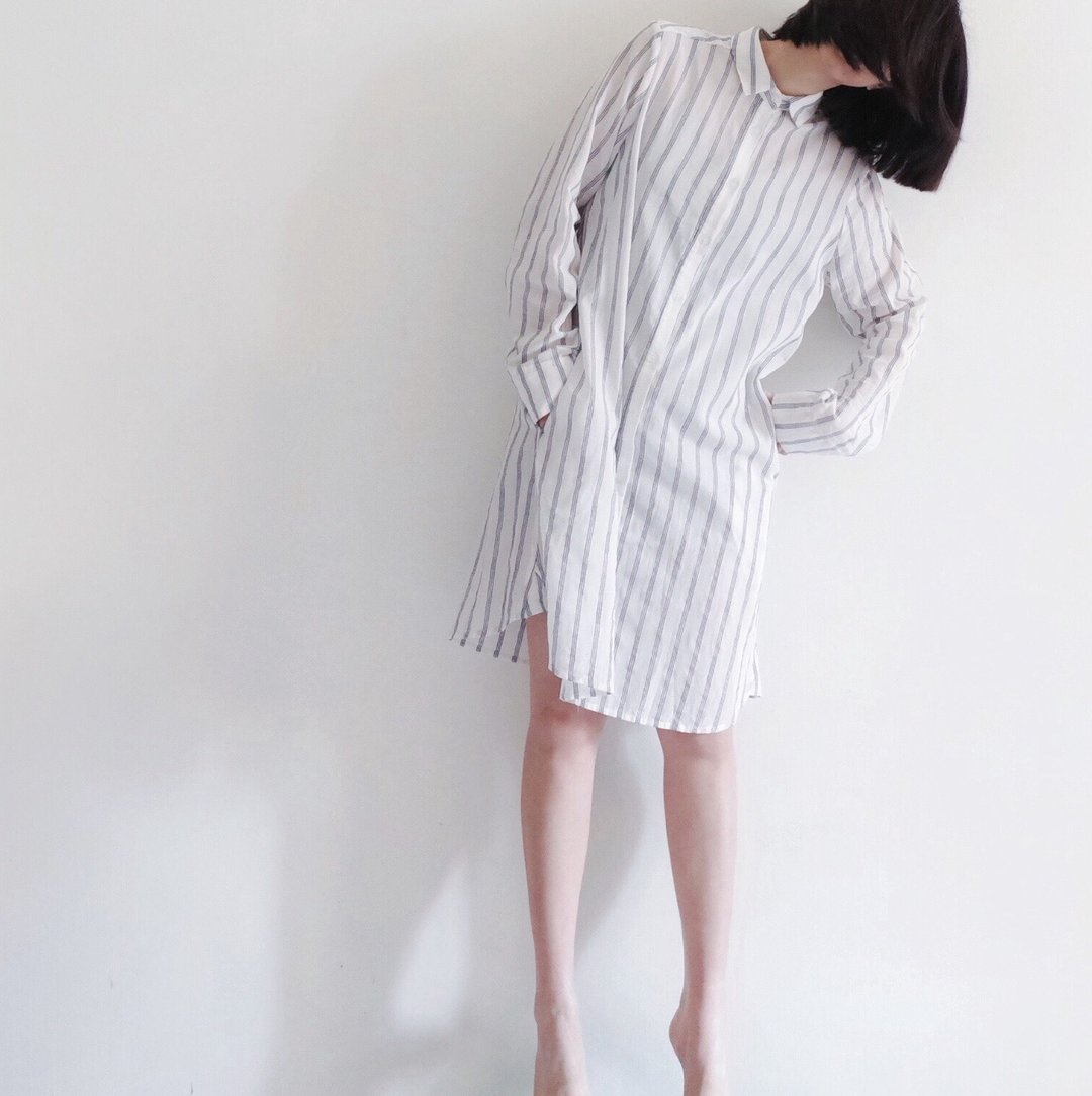 细细的 直纹长衫 - 女装衬衫 - 棉 白色