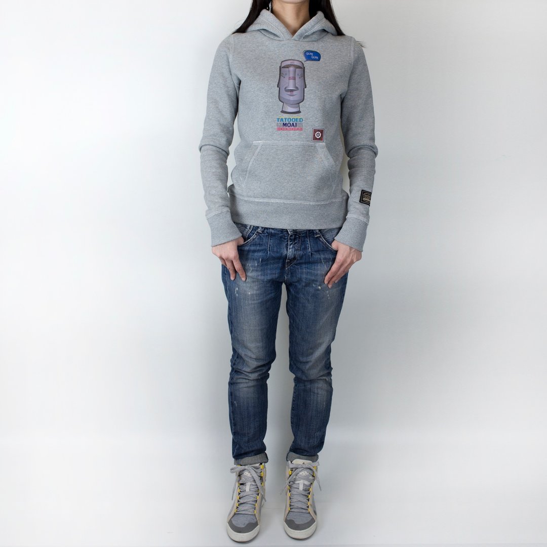 厚棉刷毛帽TEE - 刺青摩艾 图索创意 HOODIE 连帽T 麻花灰  复活节岛神像 图T 插画T 帽T 幽默 设计 - 女装上衣 - 其他材质 灰色