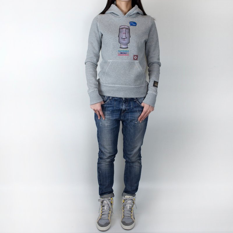厚棉刷毛帽TEE - 刺青摩艾 图索创意 HOODIE 连帽T 麻花灰  复活节岛神像 图T 插画T 帽T 幽默 设计 - 女装上衣 - 其他材质 灰色