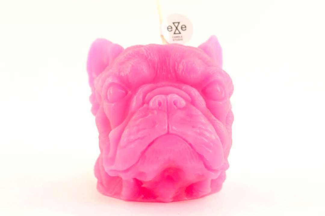 萤光桃红色法国斗牛犬造型蜡烛 French Bulldog Candle - 蜡烛/烛台 - 蜡 粉红色