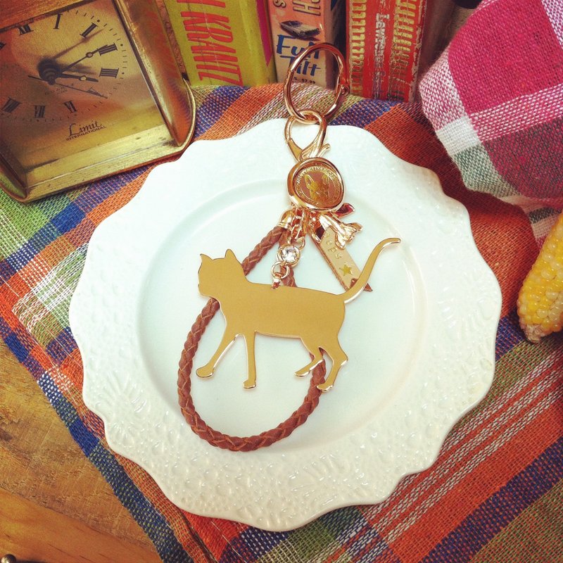 Oops 真皮编织绳猫咪漫步剪影玫瑰金吊饰-七夕情人节礼物- - 钥匙链/钥匙包 - 其他材质 咖啡色