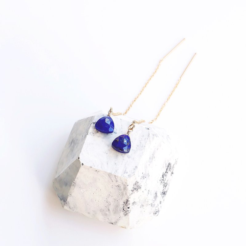 简约耳链 天然青金石 三角型 浓郁宝蓝 14K 送礼水晶 - 耳环/耳夹 - 宝石 蓝色
