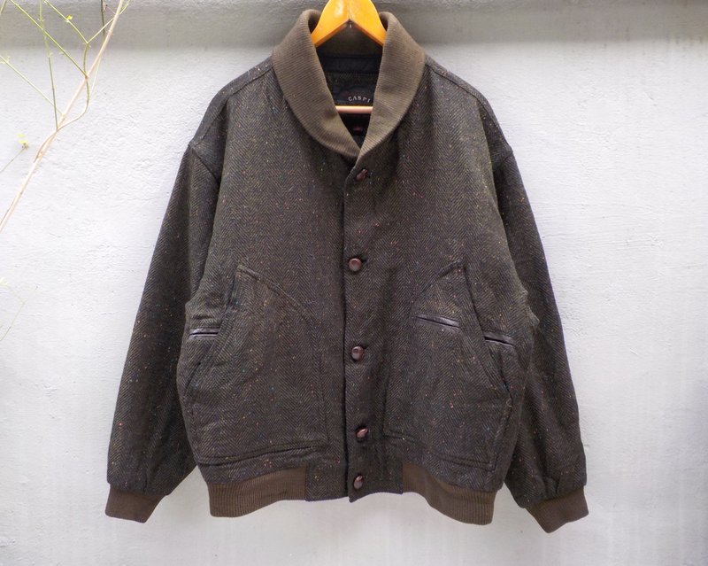 FOAK古着 围巾领人字纹毛呢外套 - 女装休闲/机能外套 - 其他材质 咖啡色