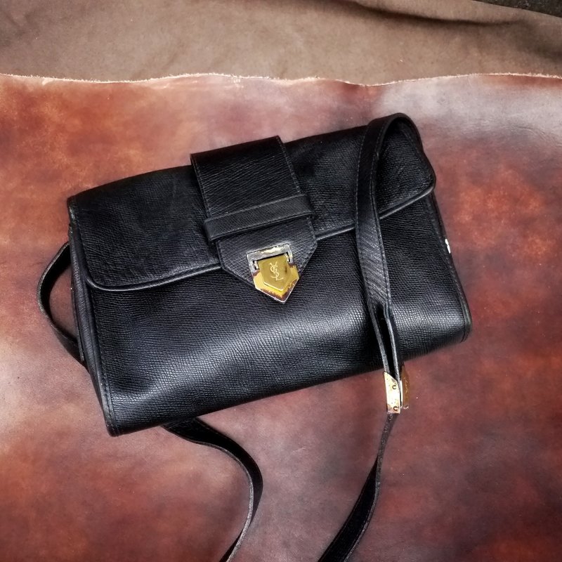 夕卡 Shika // Vintage bag 古董包 Yves Saint Laurent 黑色皮革质感 经典侧背包 {A1-067} - 侧背包/斜挎包 - 其他材质 黑色