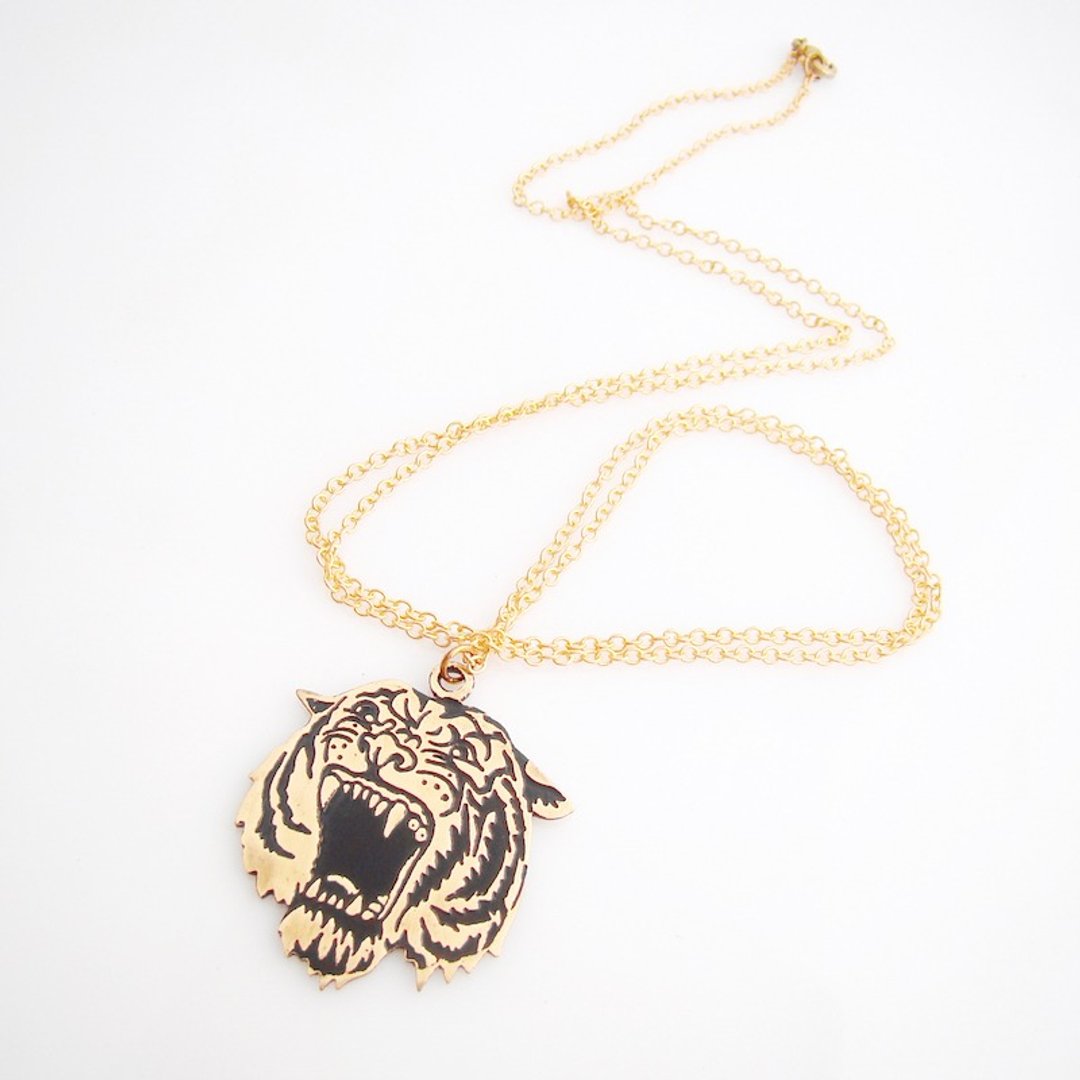 Tiger head pendant in brass with and enamel  color ,Rocker jewelry ,Skull jewelry,Biker jewelry - 项链 - 其他金属 
