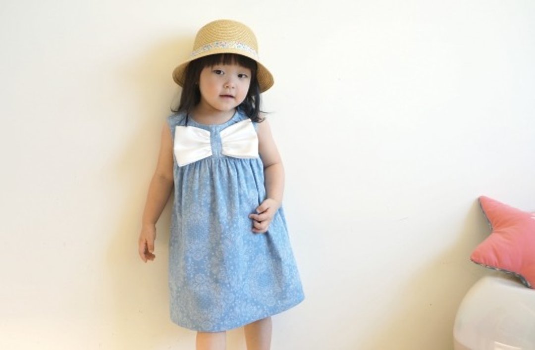 PUREST baby collection 大蝴蝶结 牛仔 单宁印花 女宝宝 背心洋装 - 童装礼服/连衣裙 - 棉．麻 蓝色