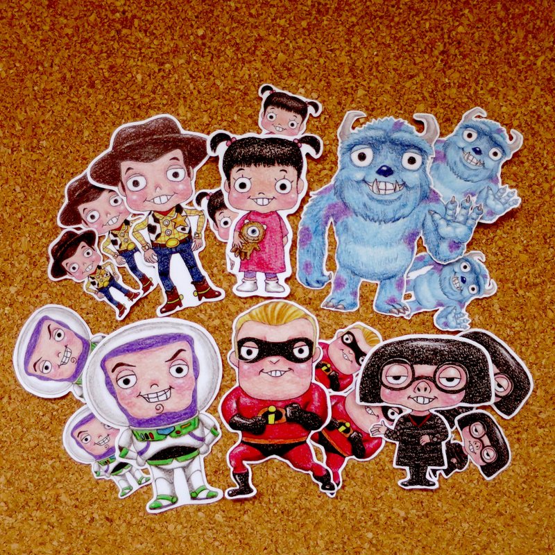 色铅笔手绘傻呼呼公仔娃娃系列防水贴纸〜电影明星套组(皮克斯版)18入 - 贴纸 - 纸 多色