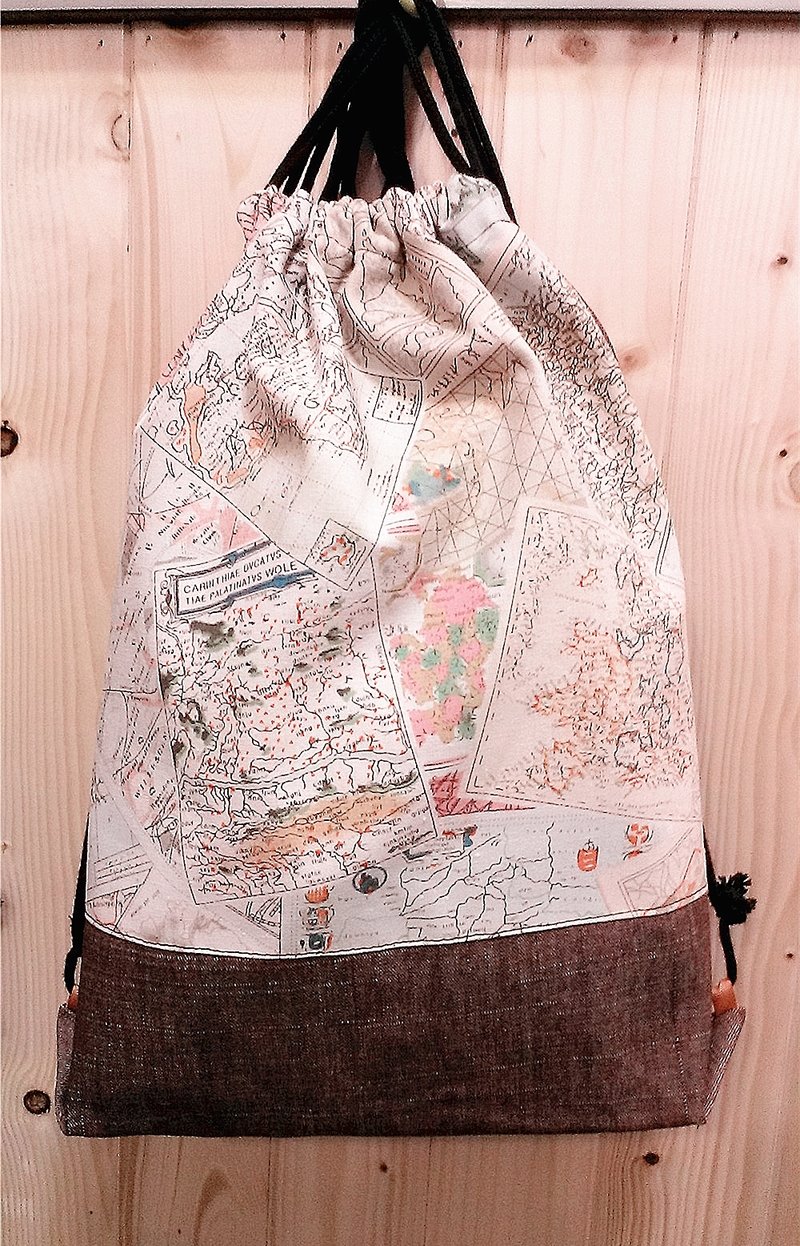 【巧手猫x城市猫】束口包 后背包 纯棉 世界地图  (黑色牛仔布底) - 束口袋双肩包 - 棉．麻 绿色