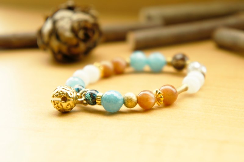 民族风纯铜配饰天然海水蓝宝月光石太阳石矽孔雀茶晶弹性手环 - 手链/手环 - 宝石 多色