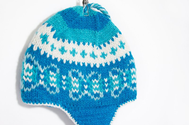 情人节礼物 手工编织纯羊毛帽 / 手工内刷毛毛帽 / 针织毛帽 / 飞行毛帽 / 毛线帽  - 东欧民族图腾 ( 手工限量一件 ) - 帽子 - 其他材质 蓝色