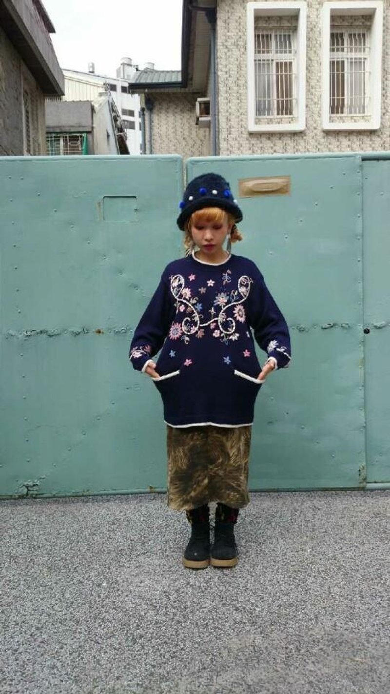 双口袋刺绣针织!!脱臼!!古着!! - 女装针织衫/毛衣 - 其他材质 蓝色