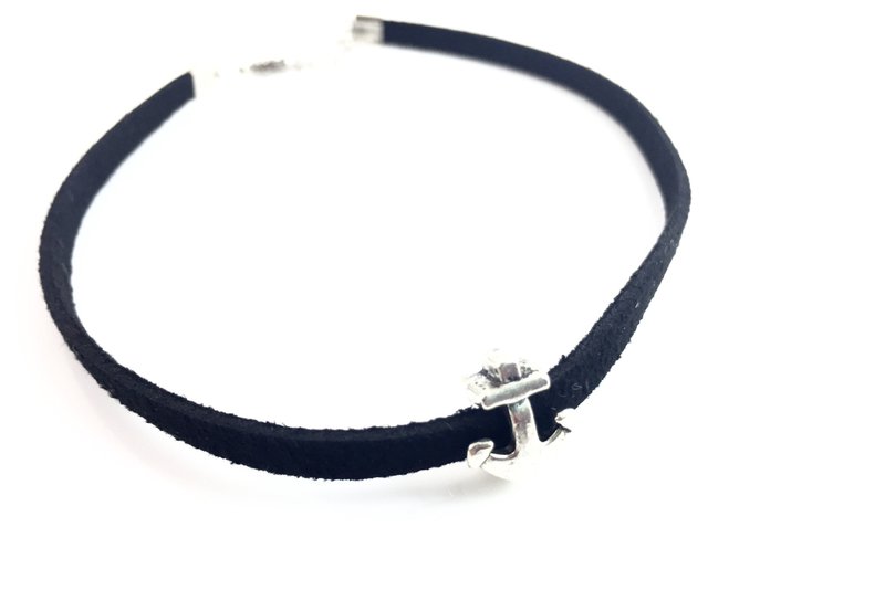 “银色船锚颈链” - 项链 - 真皮 黑色