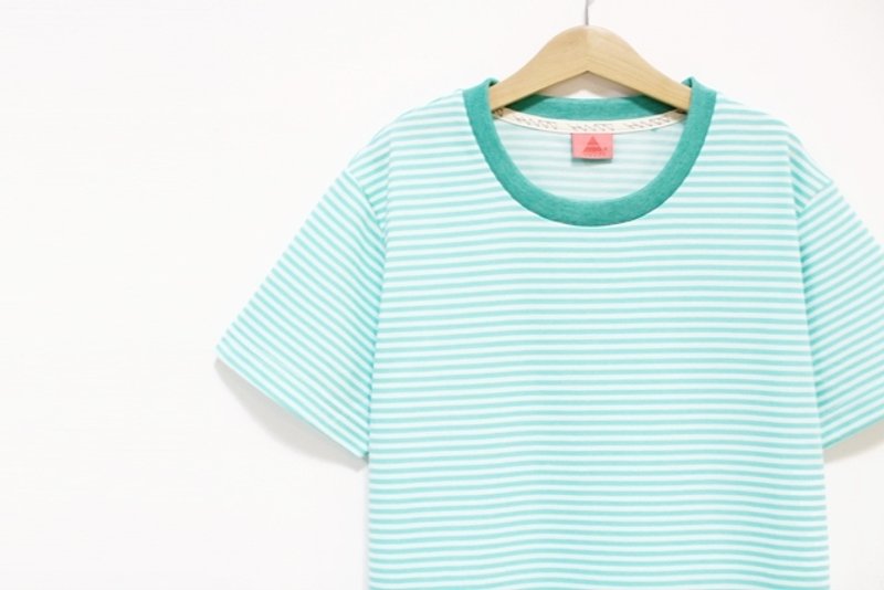 "H-ZOO" 湖水绿＊白条纹+闪电车线Tee - 女装 T 恤 - 其他材质 绿色