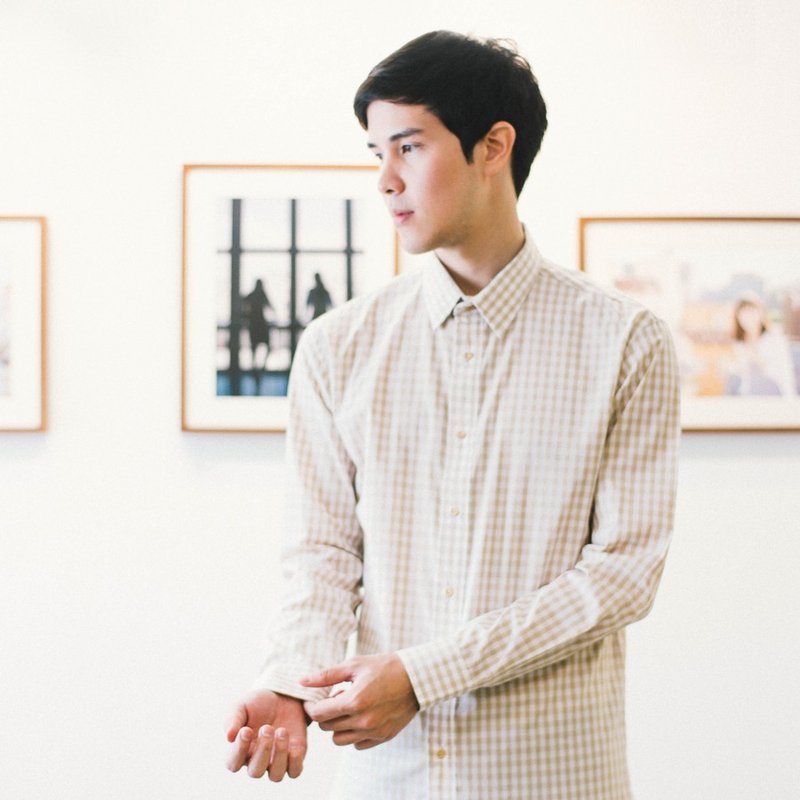 SHIP // brown check // men slim fit - 男装衬衫 - 棉．麻 卡其色