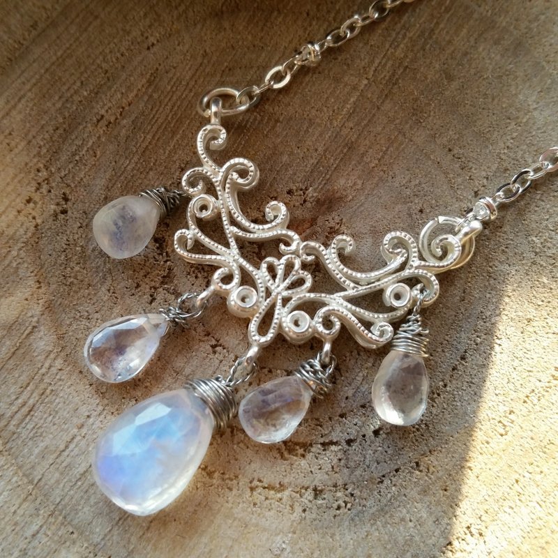 高质素强蓝光月亮石  925纯银项链 (多颗月亮石款) - 项链 - 宝石 蓝色