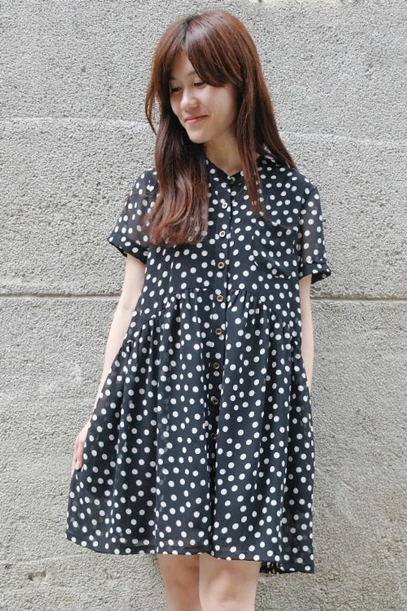 黑白点点立领宽松洋装  - 洋装/连衣裙 - 其他材质 