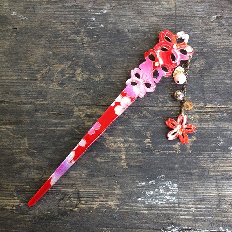 镂花樱,双层三花发簪,发插-红 - 发饰 - 压克力 红色