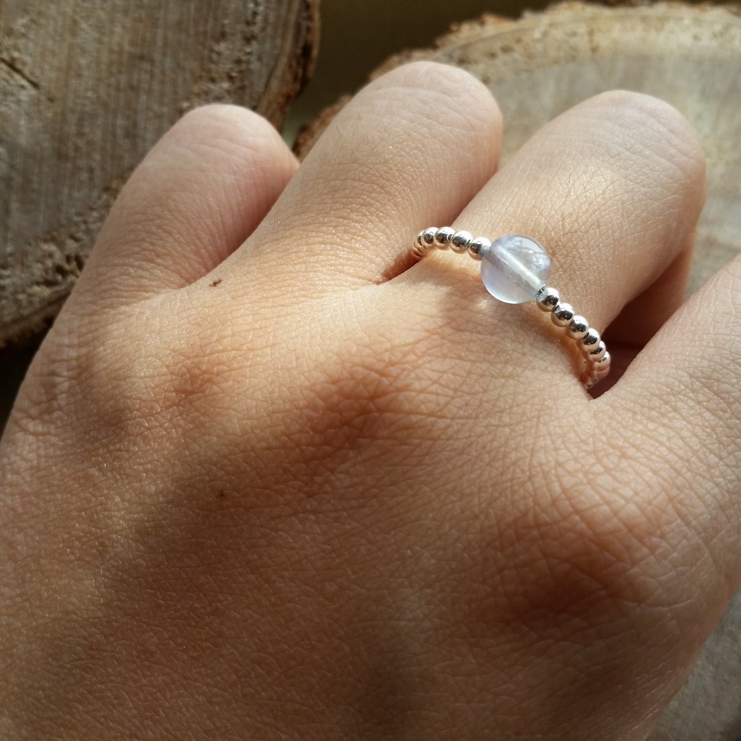 Please provide size when order- 925 silver ring with flourite淡蓝萤石 925纯银小圆珠戒指 - 戒指 - 宝石 蓝色