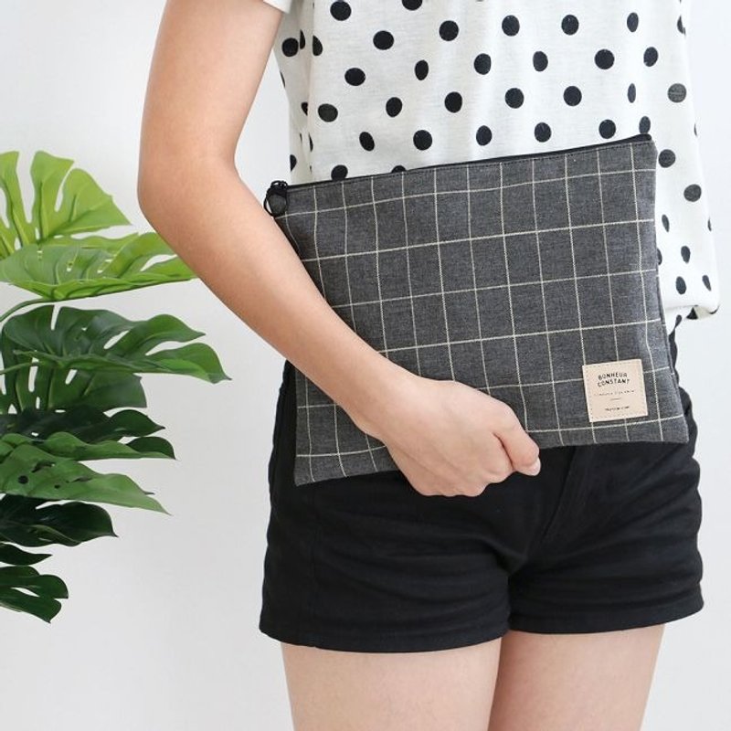 Iconic-小确幸简单生活万用包(L)V2-方格灰,ICO84587 - 手拿包 - 棉．麻 灰色