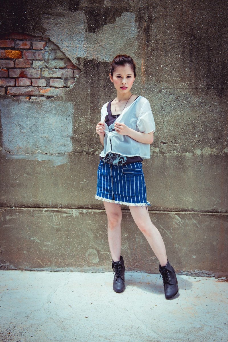 流苏牛仔短裤  - 女装长裤 - 棉．麻 蓝色