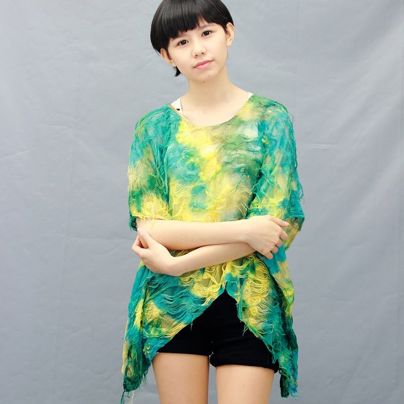 圣诞 礼物**雪纺 黄色混绿色 破损感飞鼠袖上衣/蝴蝶袖/罩衫 - 女装上衣 - 聚酯纤维 咖啡色