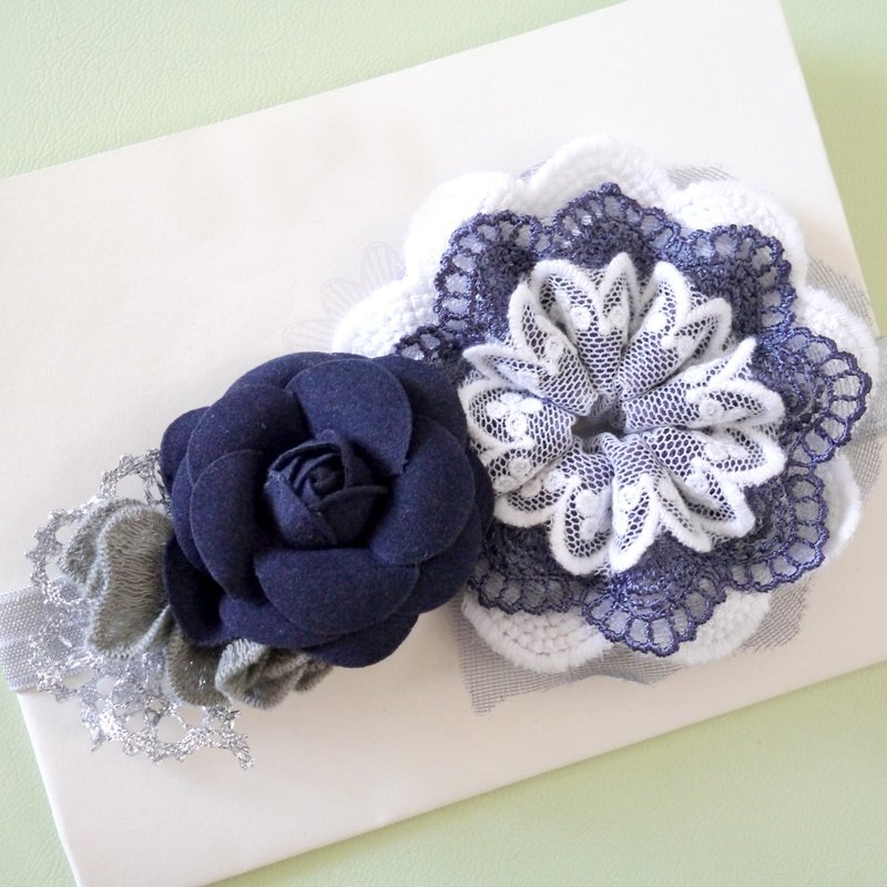 深紫蓝色系蕾丝拼山茶花儿童发带【限量手作】 - 围嘴/口水巾 - 其他材质 蓝色