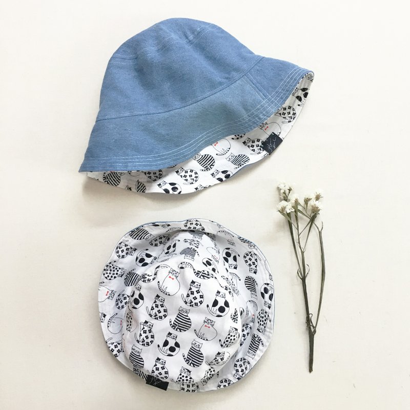 MOM & KIDS 亲子双面渔夫帽 | 领结猫 - 满月礼盒 - 棉．麻 白色