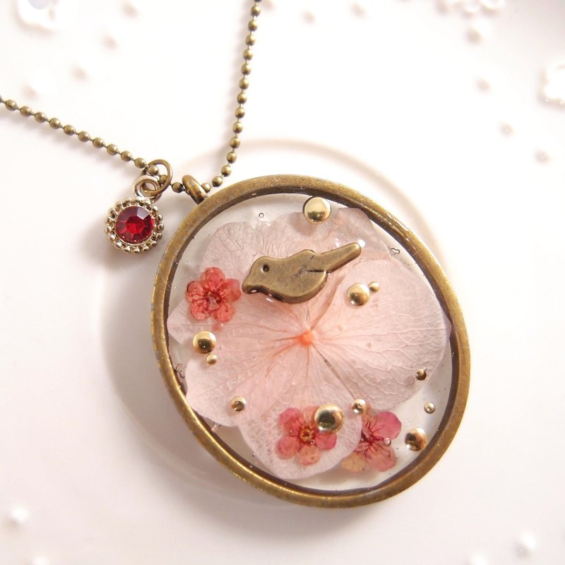 绣球花的季节【 CN0164 】 清透宝石 x 天然干燥花 小鸟儿 x 古铜长项链】 - 长链 - 其他材质 紫色