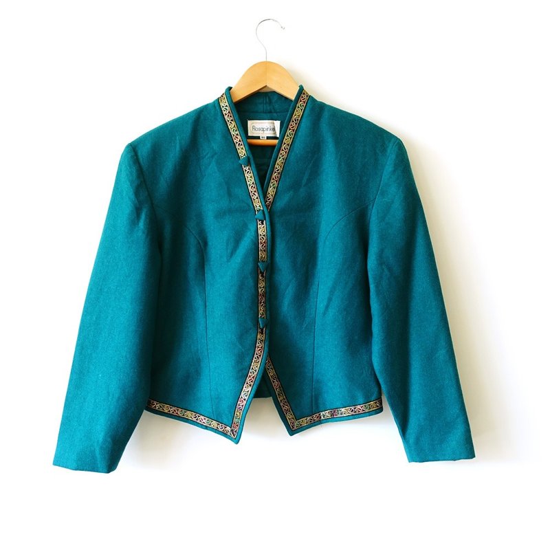 BajuTua /古着/ 孔雀绿滚金饰带 无领毛呢西装外套 - 女装休闲/机能外套 - 其他材质 绿色