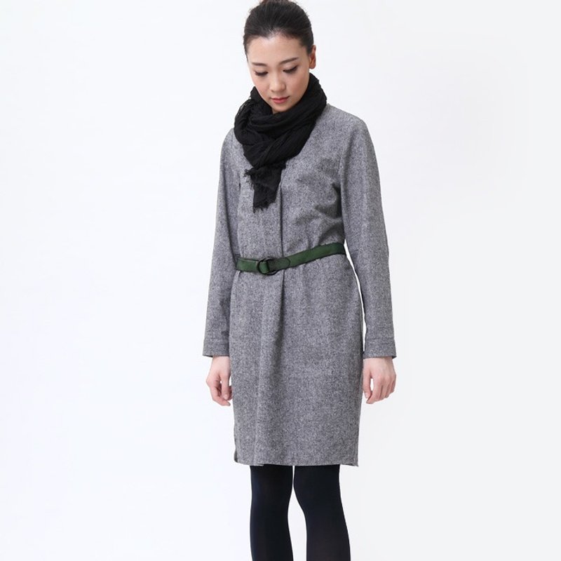 不服 秋冬磨毛亚麻面料条纹长袖连衣裙   灰色   D140906 - 旗袍 - 棉．麻 灰色