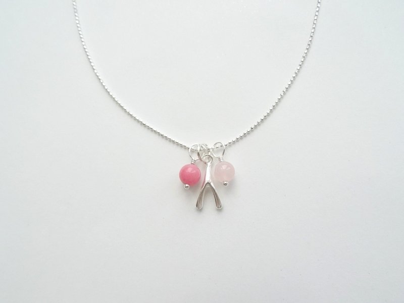 ::Make A Wish:: 纯银许愿骨粉色系马卡龙玫瑰石粉晶项链锁骨链 - 锁骨链 - 纯银 粉红色