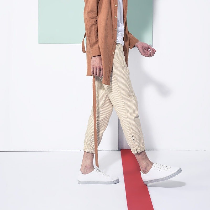 卡其条纹拉链缩口九分裤 - 男士长裤 - 其他材质 卡其色