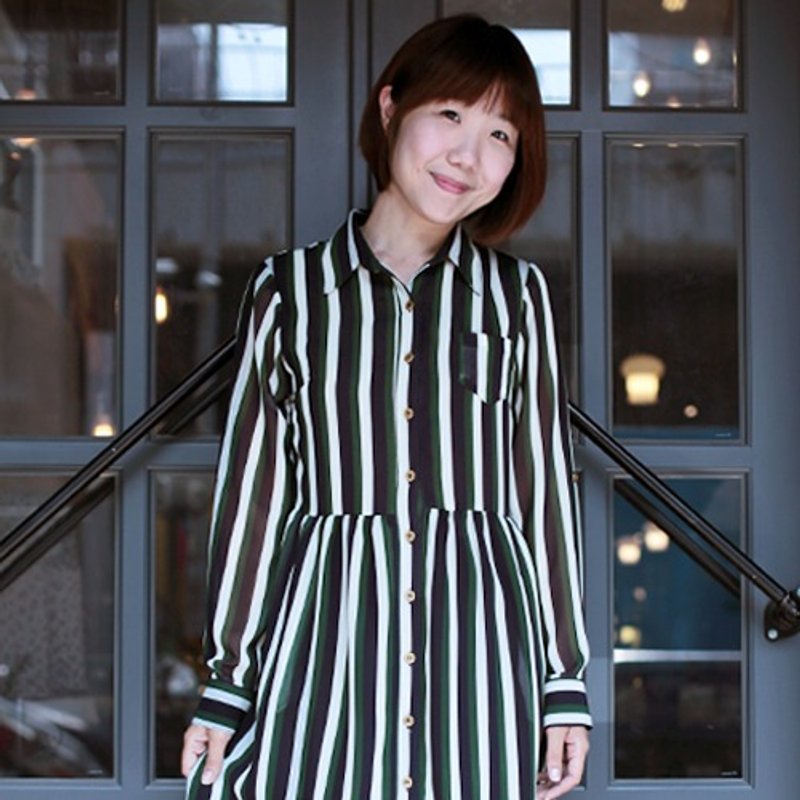 蓝绿白合身衬衫洋装 - 洋装/连衣裙 - 其他材质 