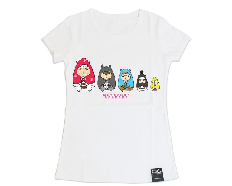 草泥马专卖店GLAD KING【白色短袖T恤 女生腰身款 俄罗斯娃娃草泥马羊驼 】创意潮T品牌 - 女装 T 恤 - 其他材质 多色