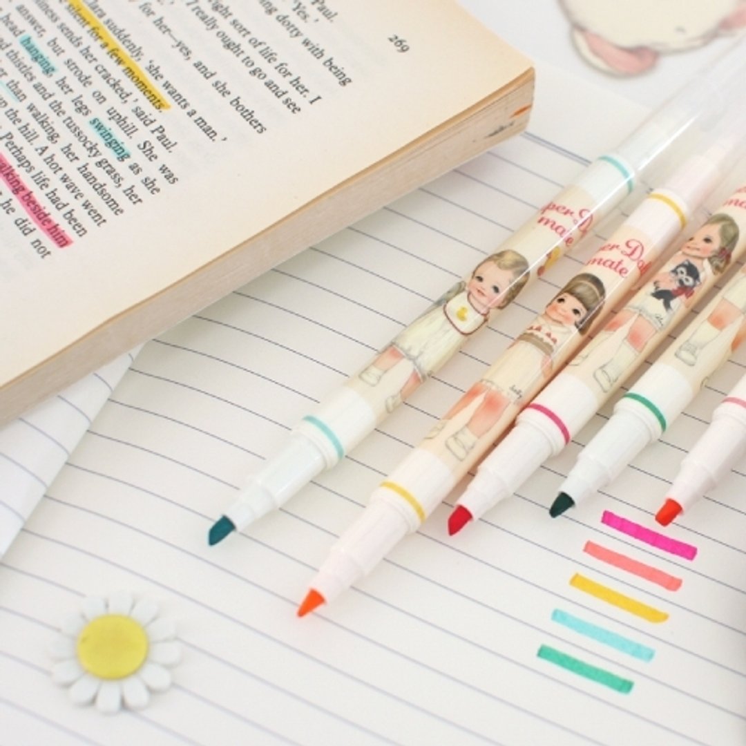 韩国【Afrocat】paper doll mate 2 way pen (5 pices) 可爱 娃娃 文具 双头笔 萤光笔 - 其他书写用品 - 塑料 多色