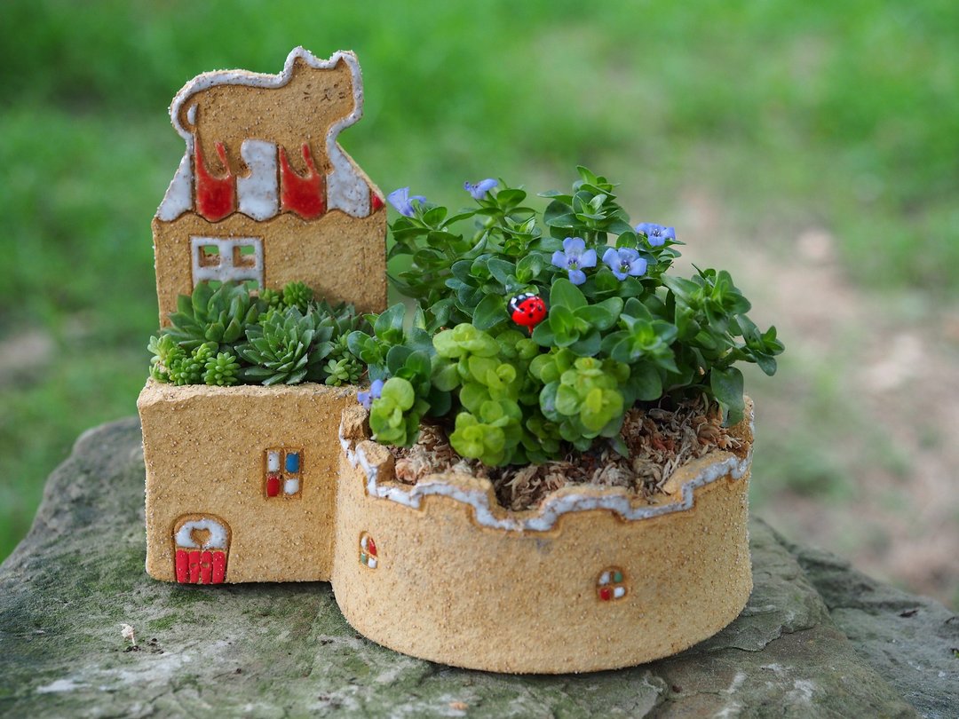 【花园小屋Garden】陶手作-超可爱猫咪花园/岩石黄色/不含植物 - 植栽/盆栽 - 陶 黄色