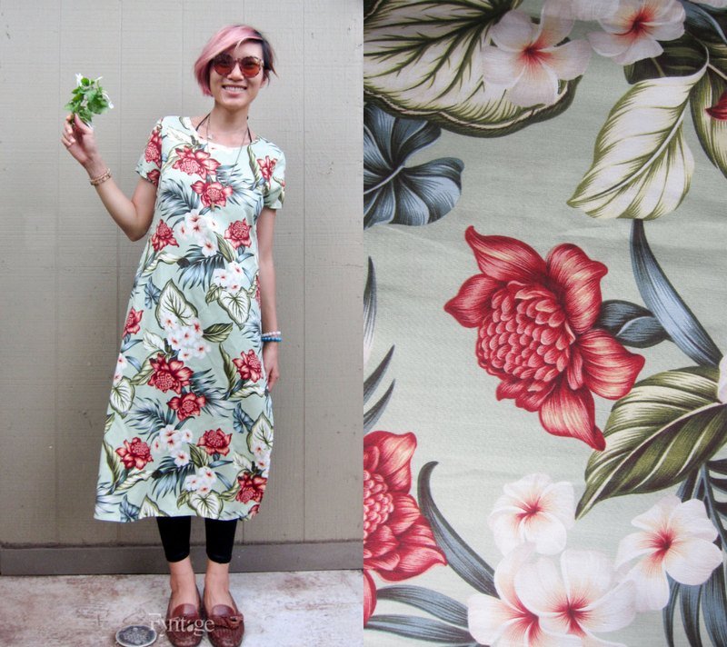 [夏威夷古着] 热带花园彩绘春夏及地长洋装 - 洋装/连衣裙 - 其他材质 绿色