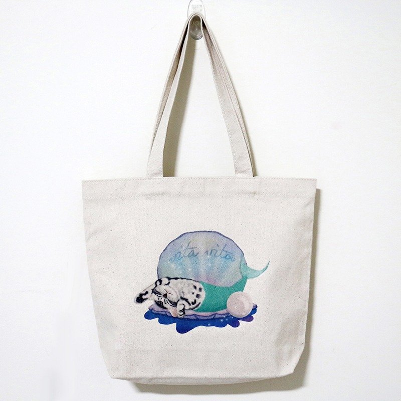 VITA VITA ◆ 猫 // 棉质帆布袋系列 // 猫咪美人鱼 - 手提包/手提袋 - 棉．麻 蓝色