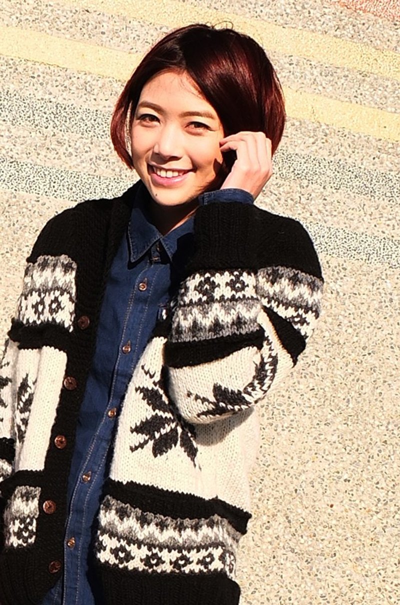 纯羊毛手织毛衣外套 雪花图腾 黑色 男女皆可穿 - 女装针织衫/毛衣 - 羊毛 黑色