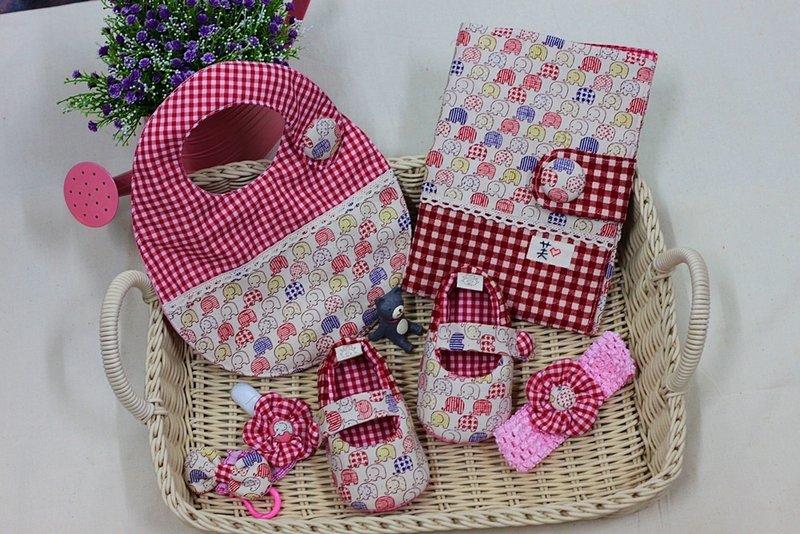 彩色小象(红)宝宝弥月组 - 满月礼盒 - 棉．麻 