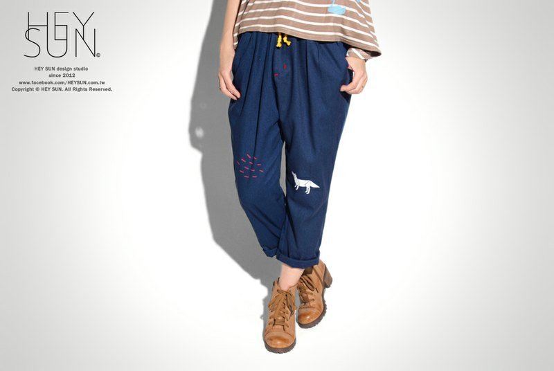 【M0316】HEY SUN独立手作品牌· 一匹狼的深夜告白补丁棉麻质感绑带哈伦裤-for tinyapple - 女装长裤 - 其他材质 蓝色
